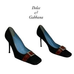 Dolce Gabbana Vero Cuoio Buckle Leather Strap Jeans Nero Heels Size 35 1/2 2012